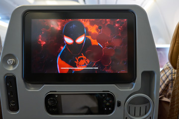 Obraz premium HONG KONG - CIRCA APRIL, 2019: seat back screen in economy class on Singapore Airplines Airbus A350.