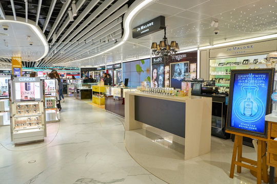 HONG KONG, CHINA - CIRCA APRIL, 2019: fragrances on display in Hong Kong International Airport Duty Free area.