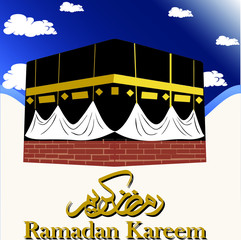 Illustration of Ramadan kareem. beautiful kabah and arabic islamic calligraphy.traditional greeting card wishes holy month kareem for muslim and arabic
