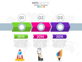 Timeline chart infographic template with 3 steps of arrows options.