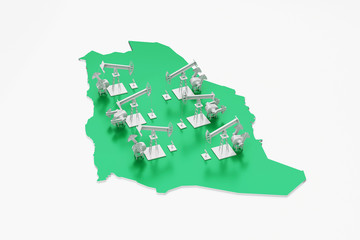 3d Rendering Saudi Arabia are at war over oil prices, arrows showing  down Oil pump-jacks on a map of Saudi Arabia.