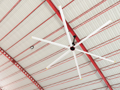 High Volume Low Speed fan "HVLS Ceiling Fan". Big Industrial Fans at roof for hot air cooling and ventilation.