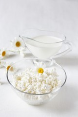 Homemade cottage cheese and cream in glassware. on a white background. Soft focus. Chamomile flowers as a symbol of rustic.  Copy Space