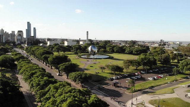 Aerial panoramic view of United Natios Plaza and the Floralis Generica Sculpture in Recoleta,  Buenos Aires