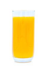 Close-up of Glass squeezed orange juice, yellow color isolated on white background. Organic tropical fruit drink from natural. Concept food is vegetarian for a healthy.