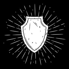 Shield. Hand drawn vector illustration with a Shield and divergent rays. Used for poster, banner, web, t-shirt print, bag print, badges, flyer, logo design and more.