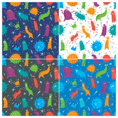 Seamless pattern various viruses and bacteria. Comic characters. Vector hand drawing full color