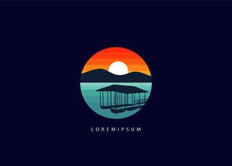 Lake dock logo. silhouette circle lake dock illustration vector