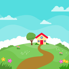 House on hill vector illustration in cute cartoon style with flowers and blue sky