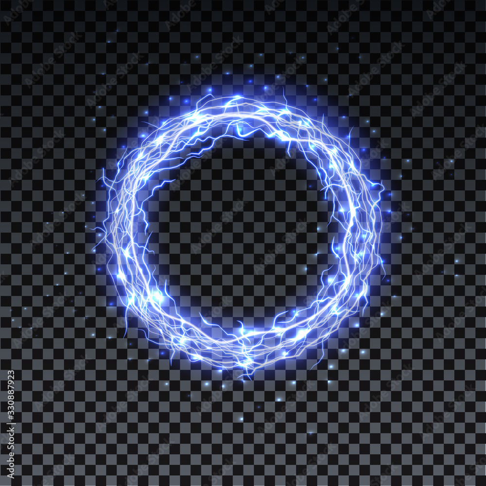 Wall mural circle realistic lightning. thunder spark light, fireball on transparent background. illuminated rea