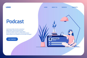 Podcast concept illustration. Webinar, online training, tutorial podcast concept. Young female listening to podcasting sitting on the floor of the house. Website landing page, web page.