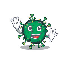 Smiley bat coronavirus cartoon mascot design with waving hand