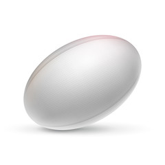 Realistic rugby ball with shadow. Sports equipment for team game on stadium vector illustration. White leather ball isolated on white background. Sports competition and outdoors activity.