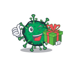 Smiley bat coronavirus cartoon character having a gift box