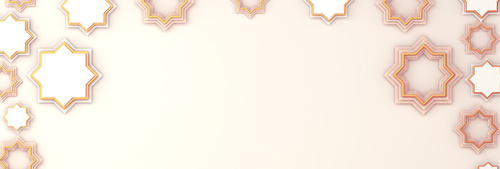 Arabic geometric star ornament on white background. Design creative concept of islamic celebration day ramadan kareem or eid al fitr adha, copy space text area, 3D rendering illustration.