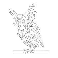 Owl on a branch tree. Print Coloring page. Vector illustration