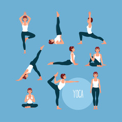 Set with beautiful woman exercising various different yoga poses training