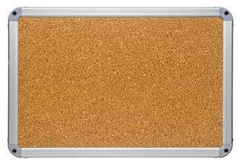 Clean corkboard with modern looking metallic color plastic frame. Sharp detailed blank cork board surface texture. Isolated on white background.