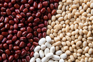 Various kinds of beans image. Red adzuki beans,white adzuki beans,white kidney beans. Organic,healthy food concept.