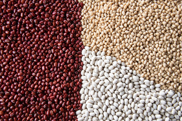 Various kinds of beans image. Red adzuki beans,white adzuki beans,white kidney beans. Organic,healthy food concept.