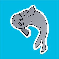 Sticker of Seals Swim While Waving Cartoon, Cute Funny Character, Flat Design