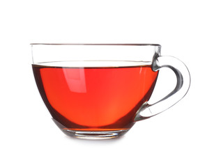 Cup of tasty tea on white background