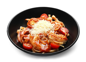 Plate with tasty pasta and cheese on white background