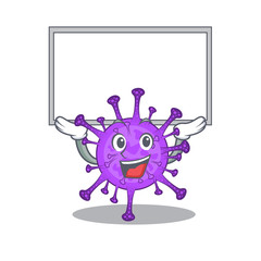 Happy cartoon character of bovine coronavirus raised up board