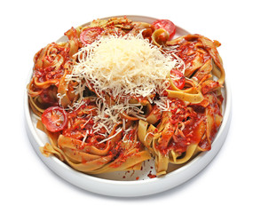 Plate with tasty pasta and cheese on white background