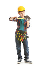 Cute little builder on white background