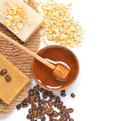Soap and honey on white background