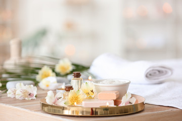 Spa items on table in salon