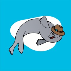 Illustration of Seal Wears A Swimming Cap While Waving Cartoon, Cute Funny Character, Flat Design