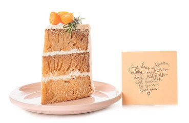 Tasty cake with greeting card for mother on white background