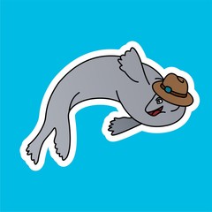 Sticker of Seal Wears A Swimming Cap While Waving Cartoon, Cute Funny Character, Flat Design