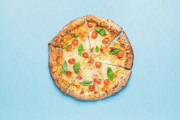 Delicious pizza Margherita on color background
