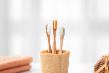 Holder with tooth brushes in bathroom