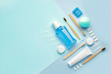 Set for oral hygiene on color background - obrazy, fototapety, plakaty