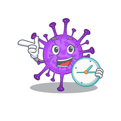 Cheerful bovine coronavirus cartoon character style with clock