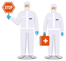 Medical concept. Couple of doctors man and woman standing together in protective suits and masks. Virus, infection, epidemic, quarantine. Dangerous profession. Vector illustration.