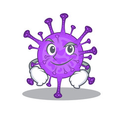 Funny bovine coronavirus mascot character showing confident gesture