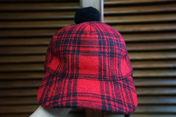 Hand holding Red and black buffalo check winter hat