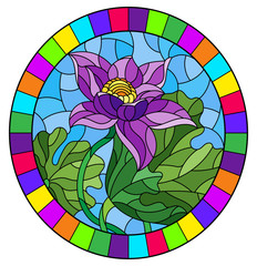 Naklejki  Ilustracja w stylu witrażu z kwiatami, pąkami i liśćmi fioletowego lotosu na tle błękitnego nieba