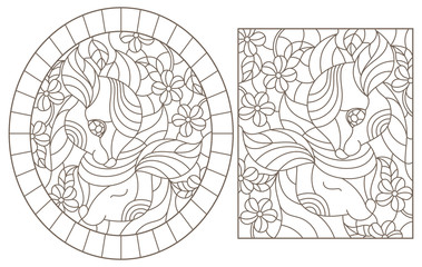 Set of contour illustrations of stained glass Windows with fawns and flowers, dark outlines on a white background