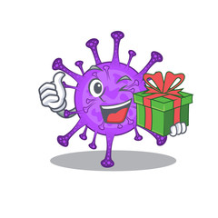 Smiley bovine coronavirus cartoon character having a gift box