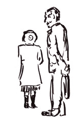 graphic black and white drawing of a tall man in profile and a small woman standing with her back
