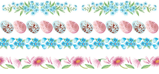 Hand-drawn Easter watercolor pattern. Spring seamless ribbon. Border with spring flowers, forget-me-not, daisies, Easter eggs for design, fabric, border, scrapbooking, stickers and etc. 