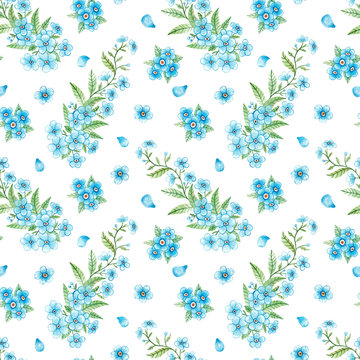 Hand-drawn watercolor seamless pattern. Light background on a spring theme. Floral texture with forget-me-not, petals and leaves for design, fabrics, wrapping paper, decoration, scrap-booking, etc. © Zinziber
