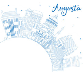 Outline Augusta Maine City Skyline with Blue Buildings and Copy Space.