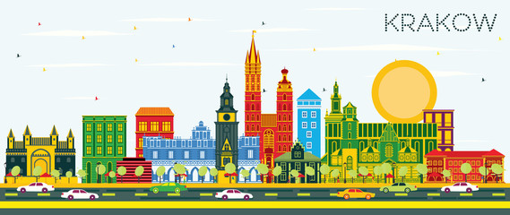 Fototapeta Krakow Poland City Skyline with Color Buildings and Blue Sky. obraz